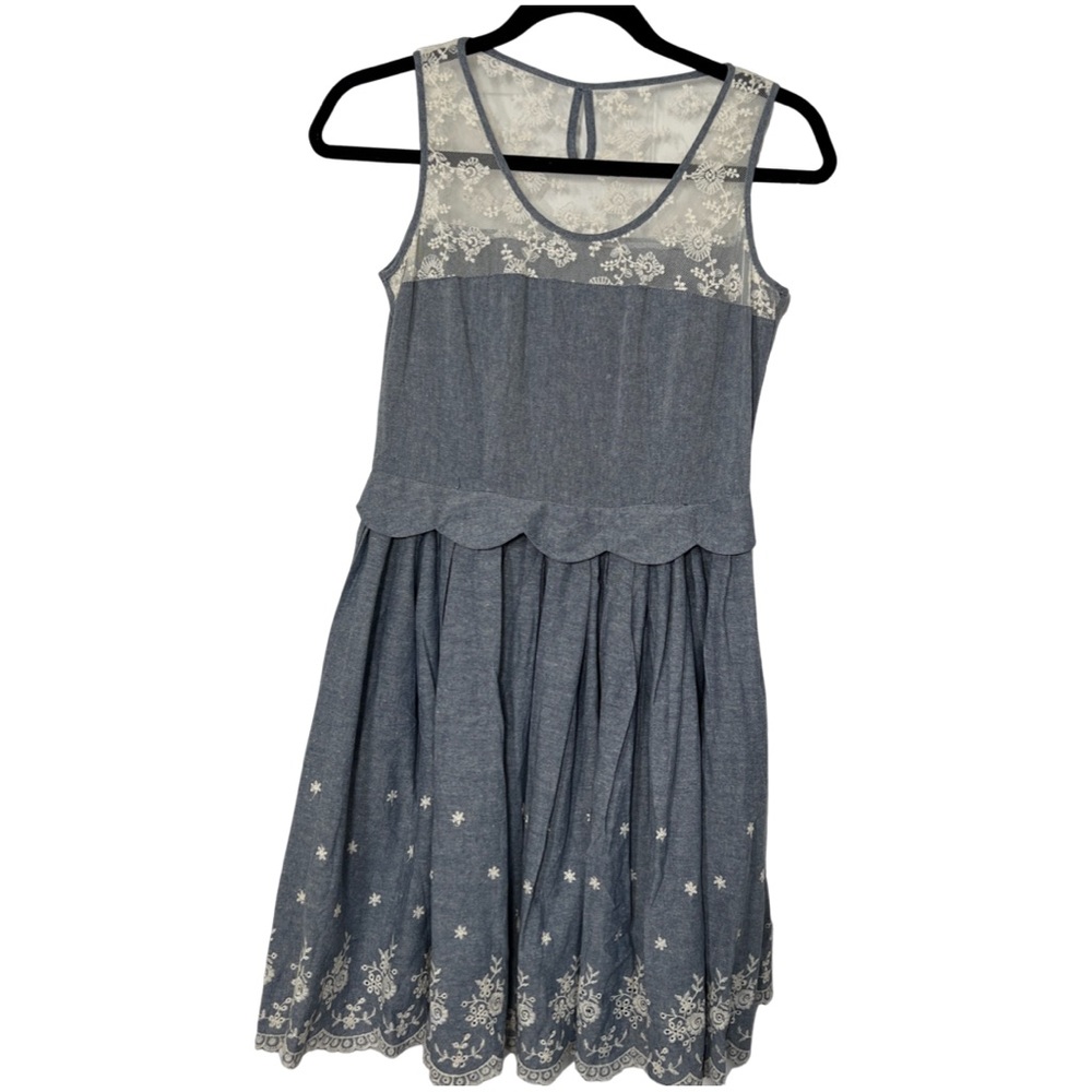 ARTKA Embroidered Lace Eyelet Chambray Denim Cotton Dress with Pockets NWOT